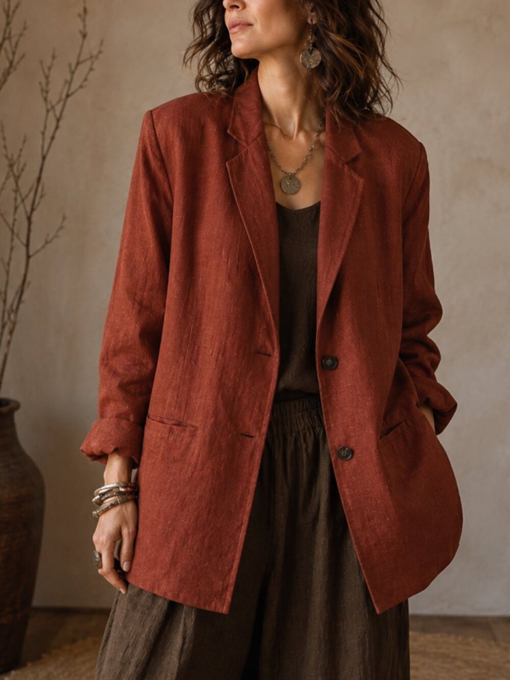 Urban Outfitters Terra Cotta Linen Blend Boyfriend Blazer M 90s Minimalist NWT